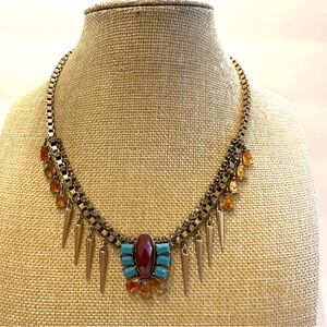 Lucky Brand Necklace gold tone Boho w/ turquoise, red & yellow jewels / spikes
